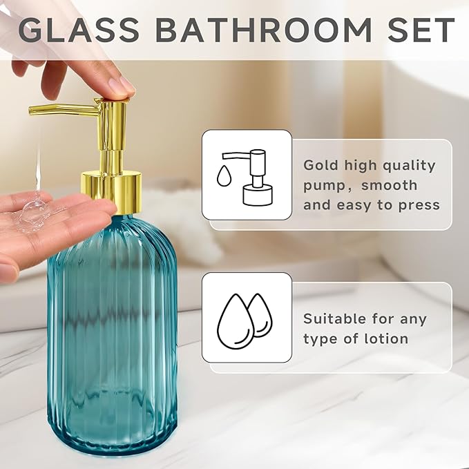 2 PCS Teal Blue and Gold Glass Bathroom Accessory Sets, Blue Bathroom Set, Soap Dispenser and Toothbrush Holder Set for Modern Bathroom Decor