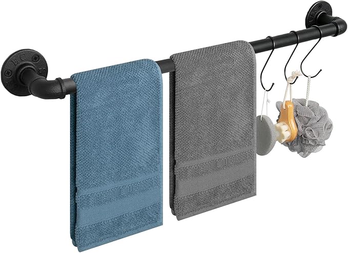 Industrial Pipe Towel Rack Towel Bar, Heavy Duty Wall Mounted Rustic Farmhouse Bath Towel Holder for Bathroom (Black, 28 inch)
