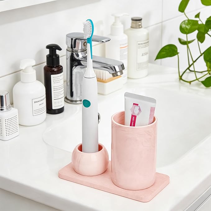 Ceramic Toothbrush Holder & Toothbrush Cup with Diatomite Tray for Bathroom, Bathroom Tumbler Cups Reusable Toothbrush Mouthwash Cup, Shower Counter Storage Organizer (Pink)