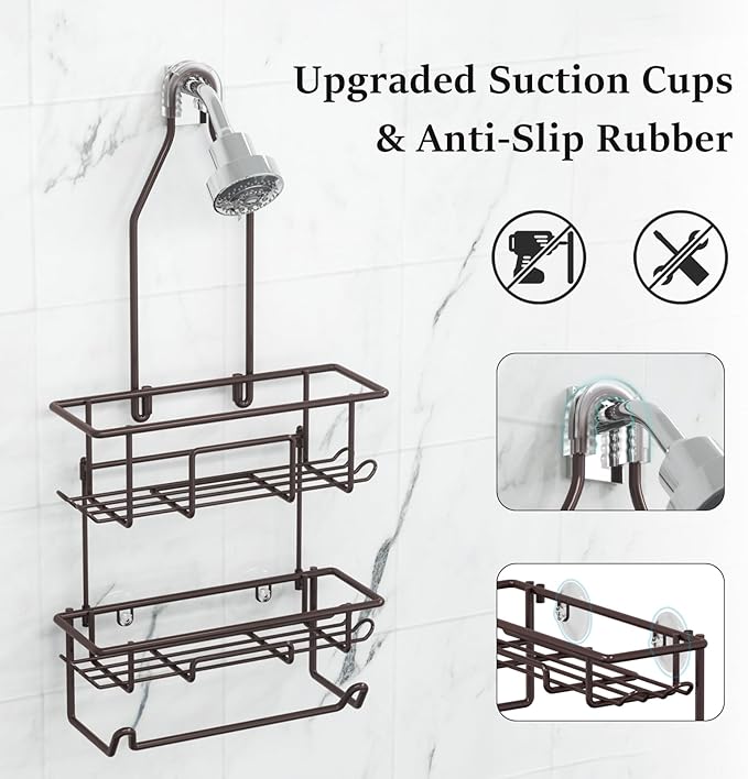 Shower Caddy Hanging over Shower Head Rust Roof Shower Organizer with 10 Hooks for Razor Shampoo Holder Bathroom Shower Rack Storage Shelf with Towel Bar – Bronze