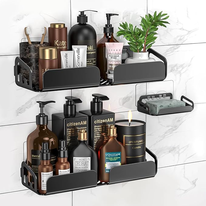 6 Pack Caddy Adhesive Replacement, Waterproof Adhesive Strips, Strong Hooks for No Drilling Bathroom Storage Shelves, Soap Holder, and Kitchen Racks (Clear 1 Hooks & 3 Hooks)