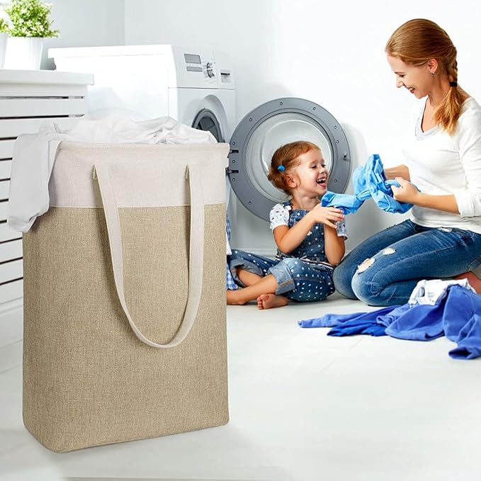 Laundry Basket with Handles Beige&Khaki-Slim Laundry Bin Collapsible Dirty Clothes Basket Narrow Laundry Bag Foldable Dirty Hamper for Camping, Dorms, Apartments