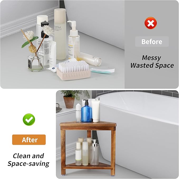 Acacia Wood Shower Stool for Shaving Legs, Shower Foot Rest with Storage Shelf for Inside Small Shower Spaces, Waterproof Shower Foot Stool for Inside Shower, Corner Bath Shower Bench