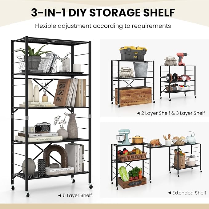GOFLAME 5-Tier Folding Storage Shelves Set of 2, Adjustable Shelves with Wheels, Detachable Shelving Unit, Large Capacity, Storage Rack for Garage, Kitchen, Balcony, Living Room, Black