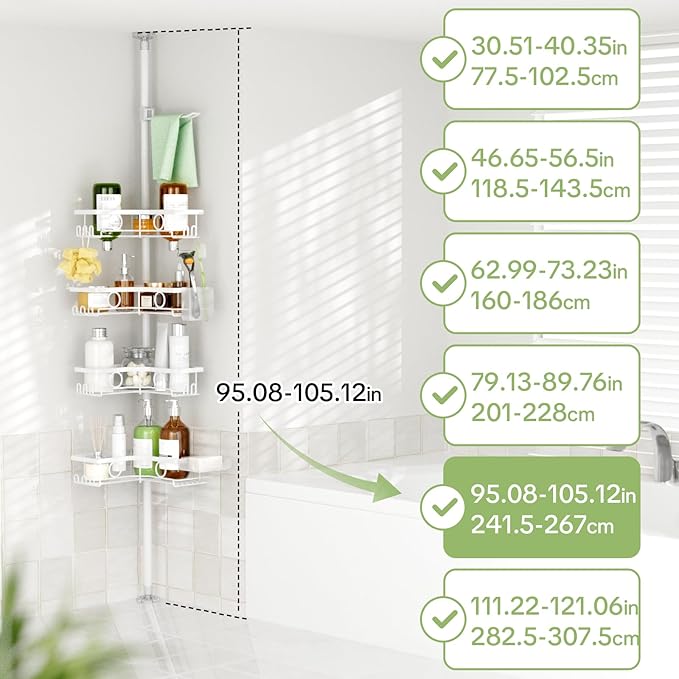 Corner Shower Caddy Tension Pole, 4 Tier Rustproof Shower Tension Rod Organizer with Soap Holder & Hooks, Adjustable 30-121 Inch Bathroom Shelf for Renters - Family Stand Storage Rack, White