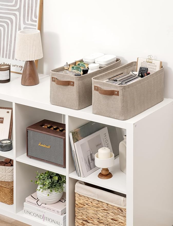 StorageWorks Narrow Storage Bins, Small Basket for Closet and Shelves, Rectangular Fabric Organizer with Handles, Toilet Paper Storage, Brown and Beige, 2-Pack