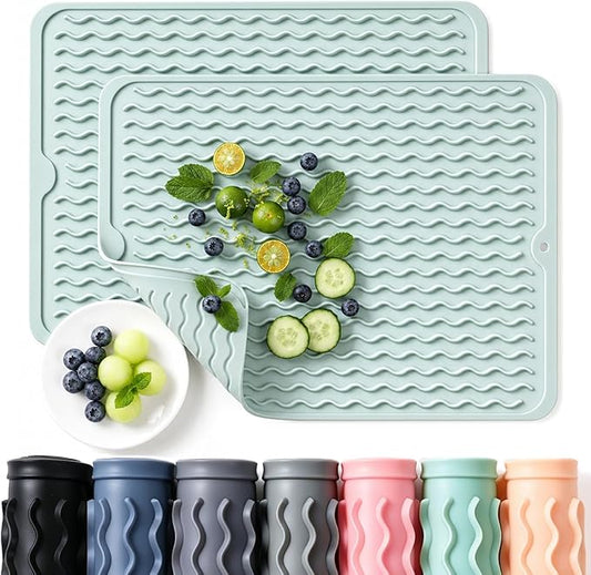 2 Pack Caketime Silicone Dish Drying Mat for Kitchen Counter Baking Cooking Grilling Coffee Must Haves Household Dining Finds Simple Bathroom Dryer Rubber Work Place Covers Rug 15"x11.5" Green