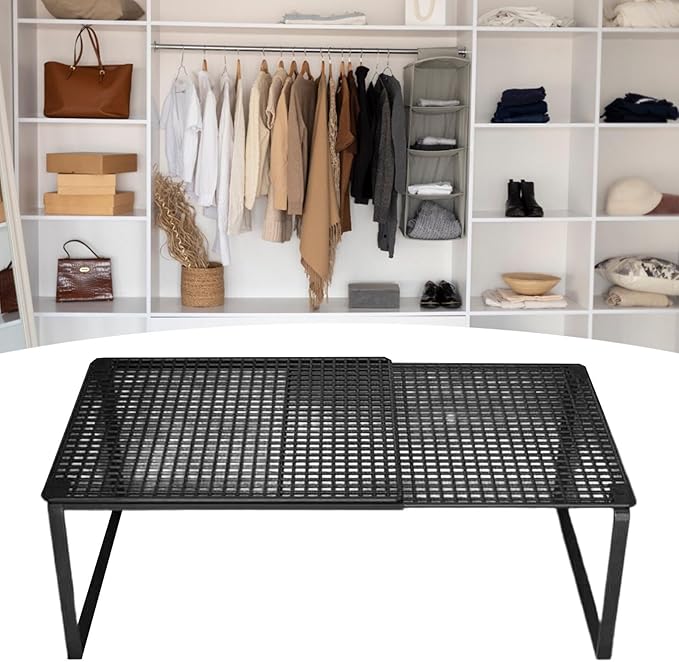Expandable Cabinet Storage Shelf Adjustable Organizer Rack Stand Riser for Under Sink Wardrobe Books Dorm Kitchen- Black 50 to 85cm