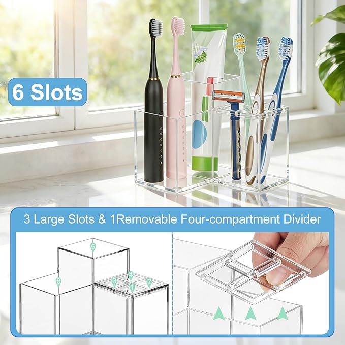 Acrylic Toothbrush Holders for Bathroom, 5 Slots Toothbrush and Toothpaste Storage Organizer Holder, Home Decor for Bathroom Accessories Organizer