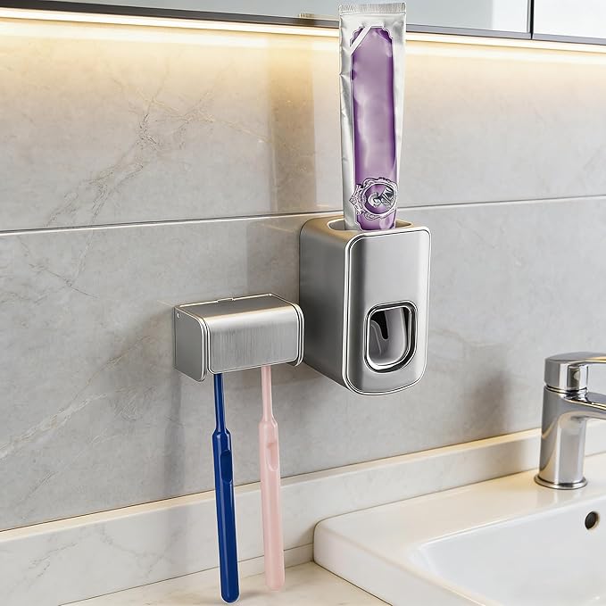 Toothbrush Holder Wall Mounted with Cover for Bathroom, 2 Slots Toothbrush Storage Organizer for Shower, Self Adhesive Toothbrush Hanger with Automatic Toothpaste Squeezer Dispenser