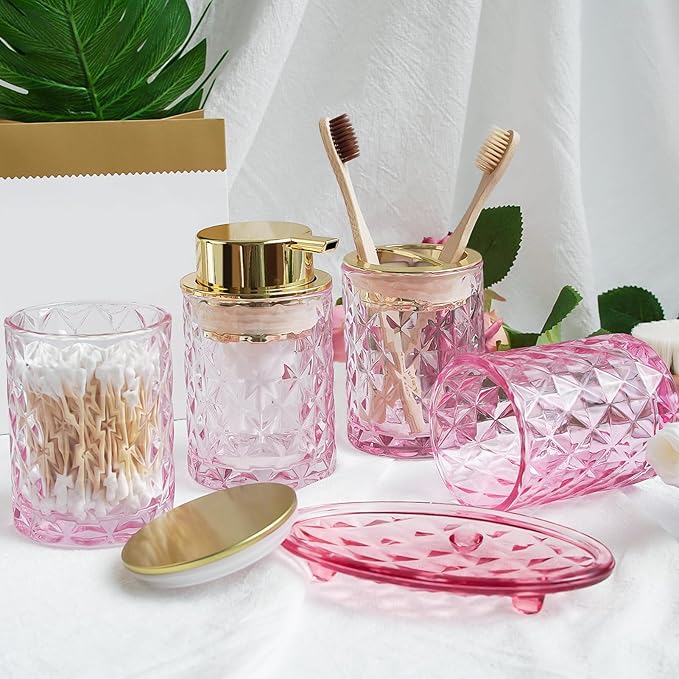 5PCS Bathroom Accessory Set,Pink Bathroom Countertop Organizer Set with Soap Dispenser, Toothbrush Holder, Tumbler, Q-tip Holder & Soap Dish,Elegant Functional Glass Set, Gift for Home & Apartment