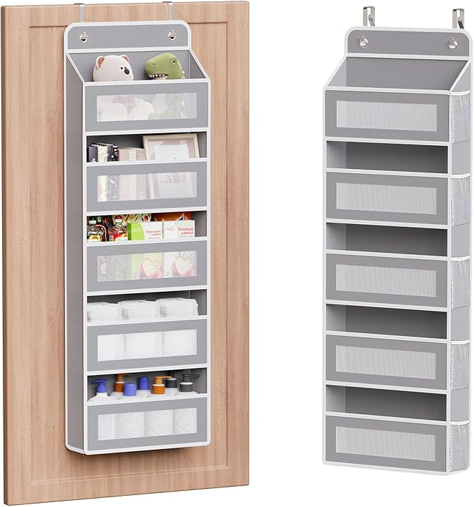 Simple Trending Over The Door Organizer, Hanging Shelves with 5 Large 5 Side Pockets, 44 lb Weight Behind Door Storage for Bedroom,Bathroom, Pantry, Nursery, Grey