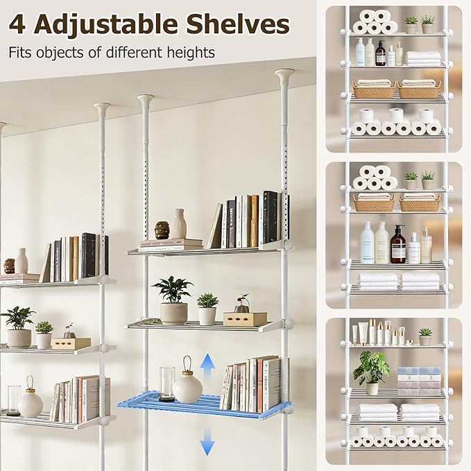 4 Tier Over The Toilet Storage 97-116” Over Toilet Bathroom Organizer with Adjustable Shelf Slim Behind Toilet Shelf for Toilet Paper Towel Plants (White)