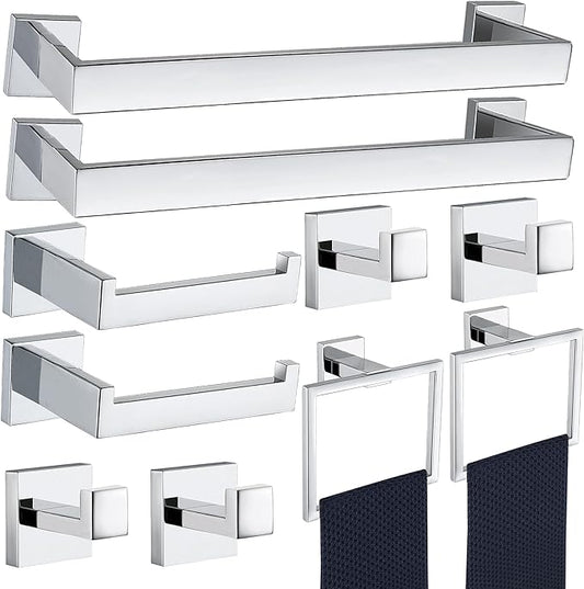 10 Pieces Bathroom Hardware Accessories Set Polished Chrome, Bathroom Towel Rack Set SUS304 Stainless Steel, Square Bath Towel bar Set Heavy Duty, Wall Mounted