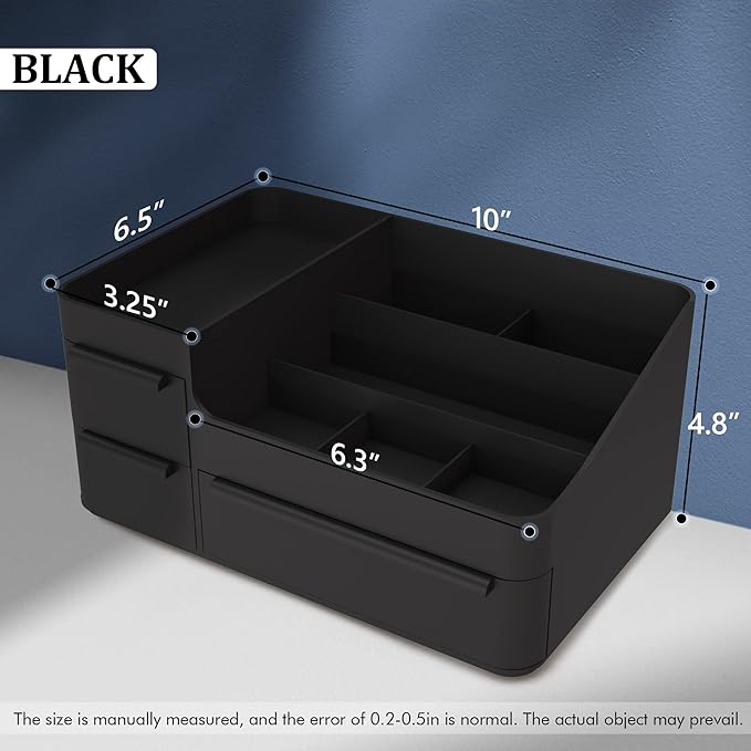 Makeup Organizer for Vanity, Bathroom Countertop Storage Display Boxes Case,Stackable Cosmetic Holder for Jewelry Hair Accessories Beauty Skincare Product Organizing with drawer organizer tray, Black