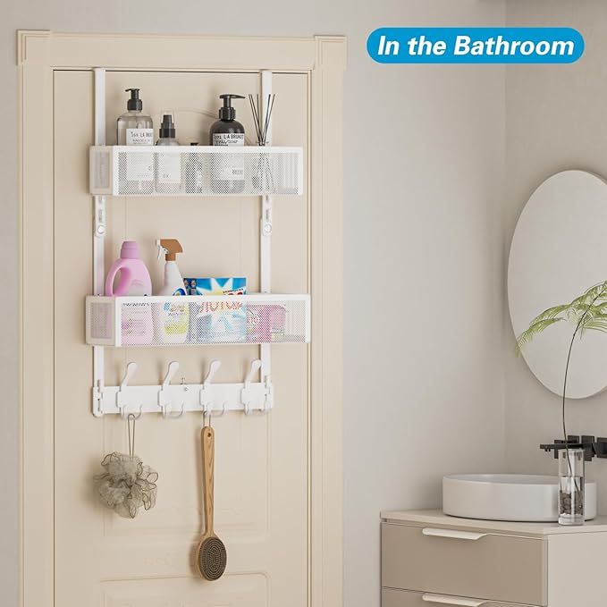 Over The Door Hooks Organizer, Door Hanger Towel Rack with 2 Baskets, Adjustable Over The Door Coat Rack, Back of Door Storage for Bedroom, Kitchen, Bathroom (White)