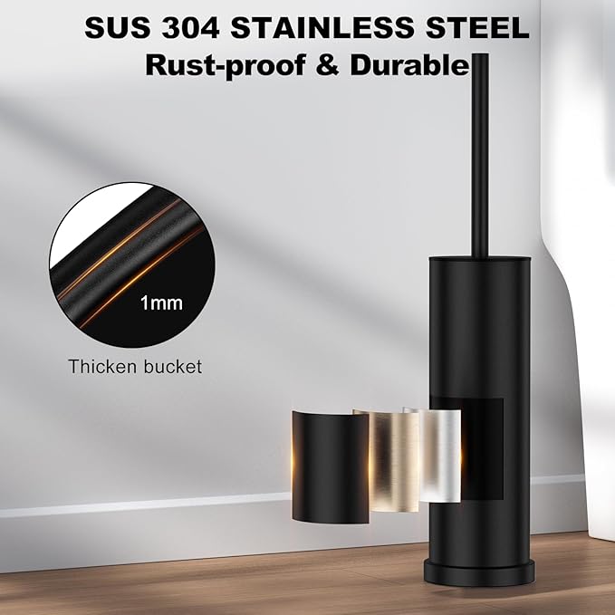 Black Toilet Brush and Holder Set，2 Pack Stainless Steel Heavy Duty Toilet Bowl Brush，Extra Long Handled Modern Toilet Cleaner Brush with Replaceable Head, Removable Inner Bowl, and Splash Protection