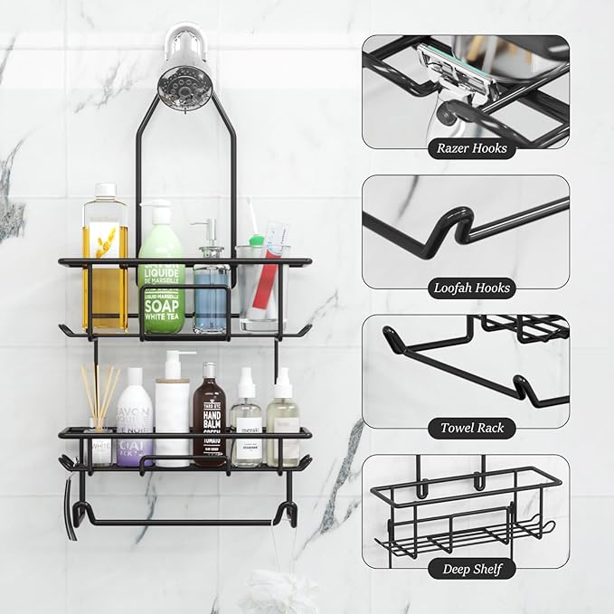 TreeLen Shower Caddy Hanging over Shower Head with 10 Hooks for Razor Large Shampoo Holder Shower Hanger Rack Bathroom Organizer- (Black, 11.8x4.1x24.8)