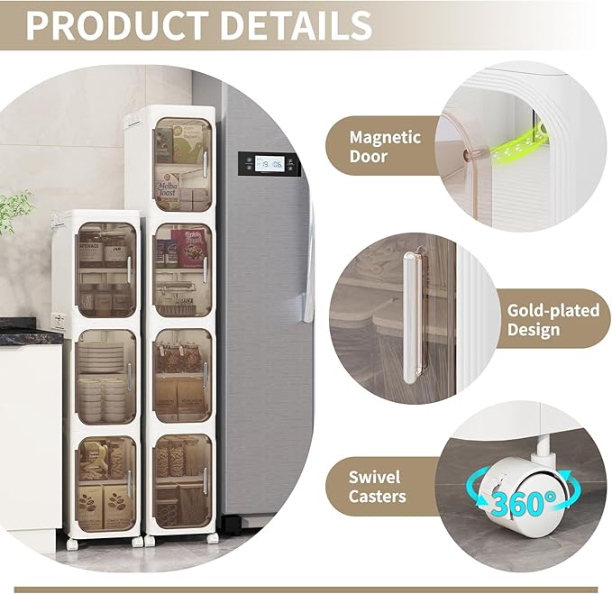 Neathub 4-Tiers Slim Bathroom Storage Cabinet, Foldable Storage Cabinets,Narrow Bathroom Storage,Movable Bathroom Storage Organizer for Small Spaces,Bathroom,Kitchen,Laundry,White
