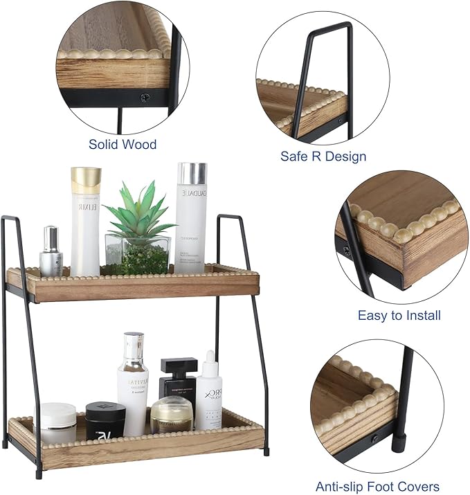 Bathroom Vanity Organizer 2-Tier Wood Countertop Storage Counter Shelf for Makeup Skincare Perfume Jewelry Tray Spice Rack Nature