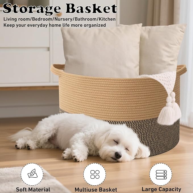 115L Extra Large Blanket Basket,Woven Rope Laundry Basket Hamper with Handles, Decorative Nursery Basket Storage Bin for Toys, Clothes Organizer, Living Room, Bedroom, Bathroom, Jute&Black