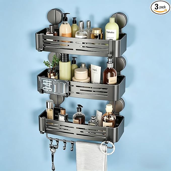VOLPONE Shower Caddy Suction Shower Shelf No Drilling Shower Organizer Suction Cup Shower Storage Rack Aluminum Wall Mounted Shampoo Holder with Towel Bar Hooks (3-Pack, Matte Gray)