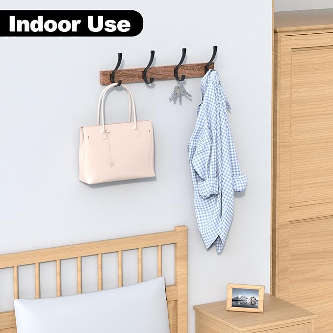 17 Inch Black Walnut Wood Wall Mounted Coat Rack with 4 Black Double Hooks, Adhesive Mounted Entryway Hooks, Modern Natural Wooden Pegs for Hanging Coat Clothes Hat Bag Purse Key and Towel