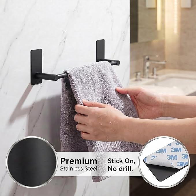 Songtec Adhesive Towel Bar Black 16-Inch, Stick On Bath Towel Rack No Drill, Strong Adhesion Tape Mount Towel Holder, Stainless Steel - Black