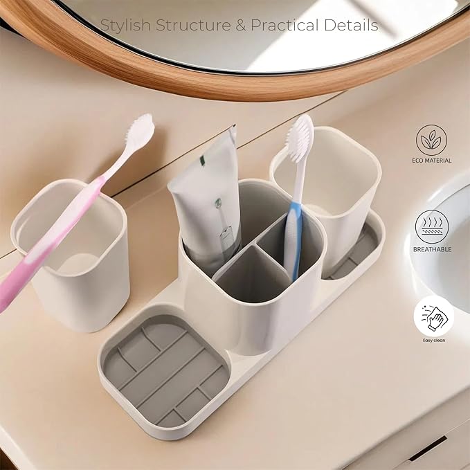 Toothbrush Holder for Bathroom, Electric Toothbrush and Toothpaste Organizer with 2 Cups, Bathroom Accessories Set for Kids and Families, White