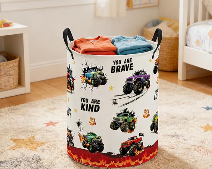 ESSME Kids Laundry Basket,Monster Truck Hamper Collapsible Canvas Storage Bin for Boys, Cute Hamper,Gift Baskets(Flame Truck)