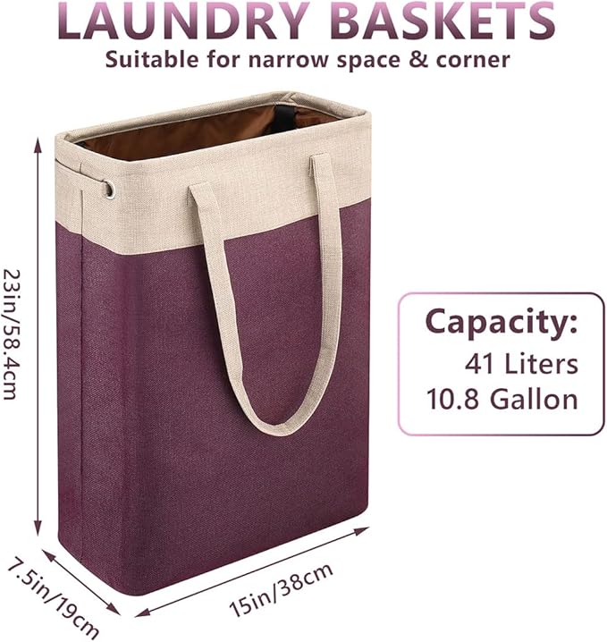 Laundry Basket with Handles Beige&Burgundy Slim Laundry Bin Collapsible Dirty Clothes Basket Narrow Laundry Bag Foldable Dirty Hamper for Camping, Dorms, Apartments