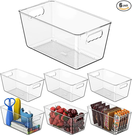 6 Pack Clear Pantry Organizer Bins, Fridge Organiser Set, Plastic Containers with Handle,Home Organization Must Haves for Kitchen,Freezer,Cabinet,Closet,Bathroom Under Sink Storage