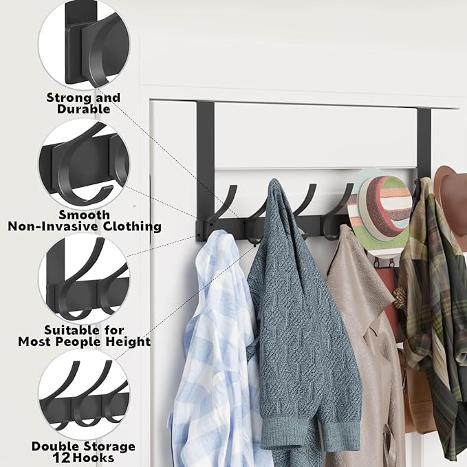 Peasulin 2 Pack Over The Door Hooks, Door Hanger with 12 Coat Hooks, 7.4" Extended Arm Over Door Towel Rack, Aluminum Alloy Rust-Proof, No Drilling, for Bathroom Bedroom Closet Entryway (Black)