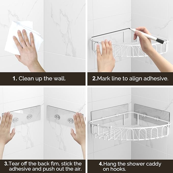 Orimade Corner Shower Caddy Stainless Steel with Hooks Wall Mounted Bathroom Shelf Storage Organizer Adhesive No Drilling 3 Pack, White Only for 90-Degree Corner