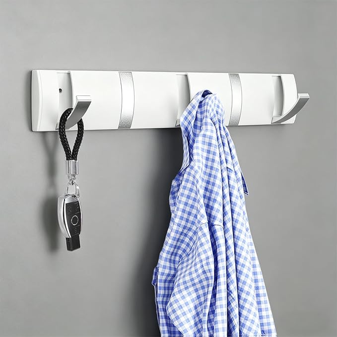 Folding Coat Hooks, Wall Mounted Coat Rack with 5 Retractable Hooks, Heavy Duty Towel Rack for Bathroom Wall Hook for Hanging Clothes, Stainless Steel Coat Hanger for Entryway(White/Sliver)