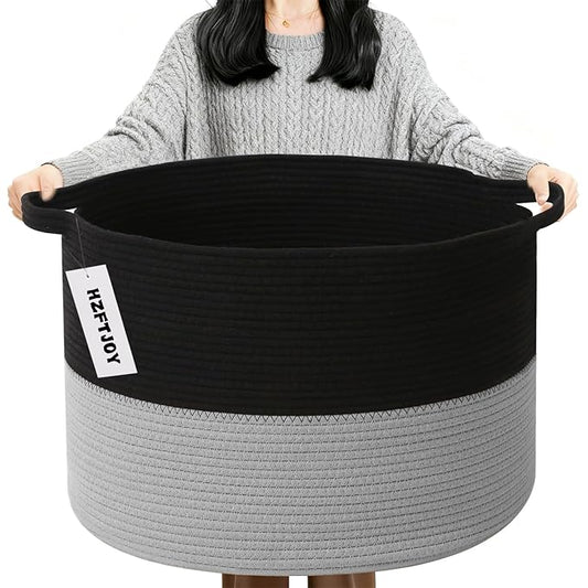 90L Extra Large Blanket Basket,Woven Laundry Basket Hamper with Handles, Decorative Nursery Basket Storage Bin for Toys, Clothes Organizer, Living Room, Bedroom, Bathroom, Black&Light Grey