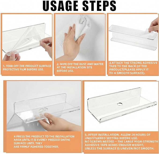 Acrylic Floating Shelves, Adhesive Wall Mount Command Shelves for Bathroom, Kitchen, Dorm - Renter-Friendly Easy Install Wall Shelves for Home Decor and Organization (Fully Clear-4 Pack)