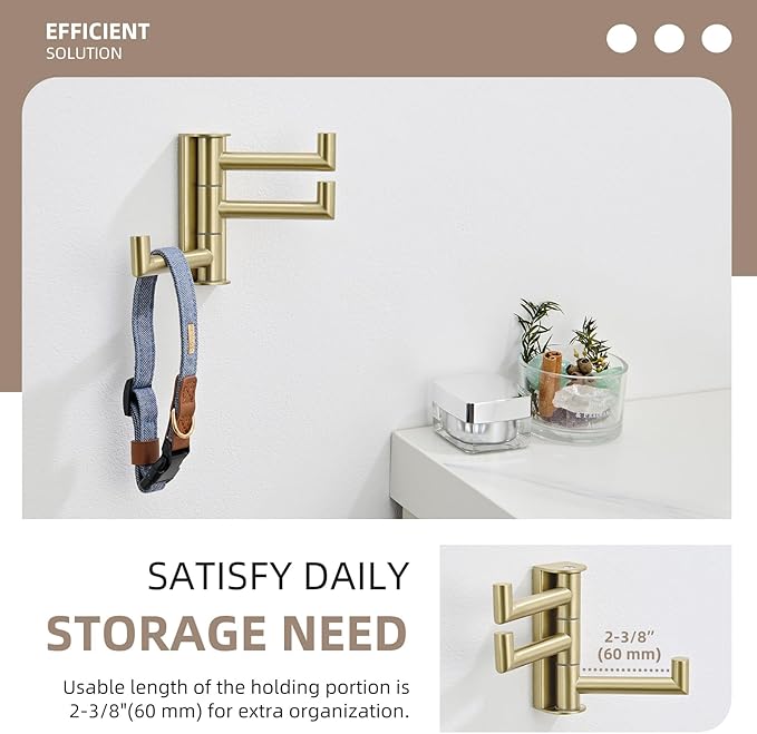 Angle Simple Towel Hook Swivel, SUS304 Stainless Steel 3 Arms Bath Towel Holder, Robe Hook Bathroom Wall, Brushed Gold