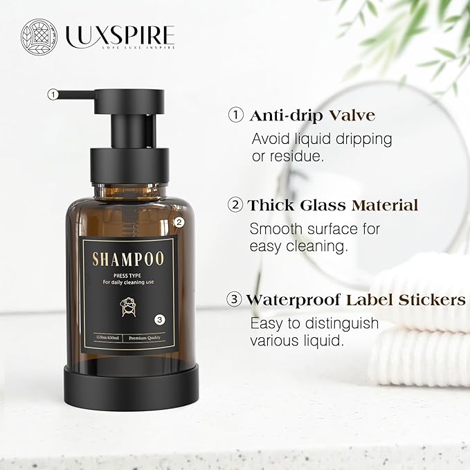 Luxspire Foaming Soap Dispenser, Glass Foam Pump Soap Dispenser, Non-Slip Hand Soap Bottle with 5 Waterproof Labels, 15 Oz Refillable Liquid Soap Bottle for Bathroom & Kitchen, Amber, 1 Pack