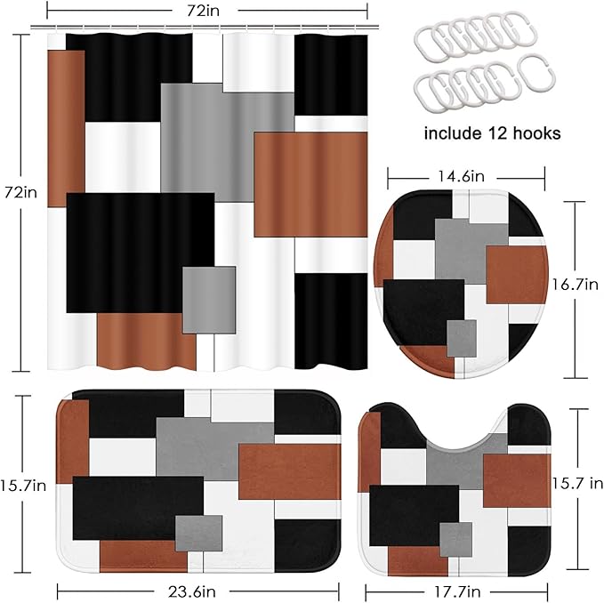 Brown Geometric Shower Curtain Set with Toilet Lid Cover and Non-Slip Rugs for Bathroom, Black Grey White Checkered 4 Pcs Shower Curtain, Modern Abstract Bathroom Set with 12 Hooks