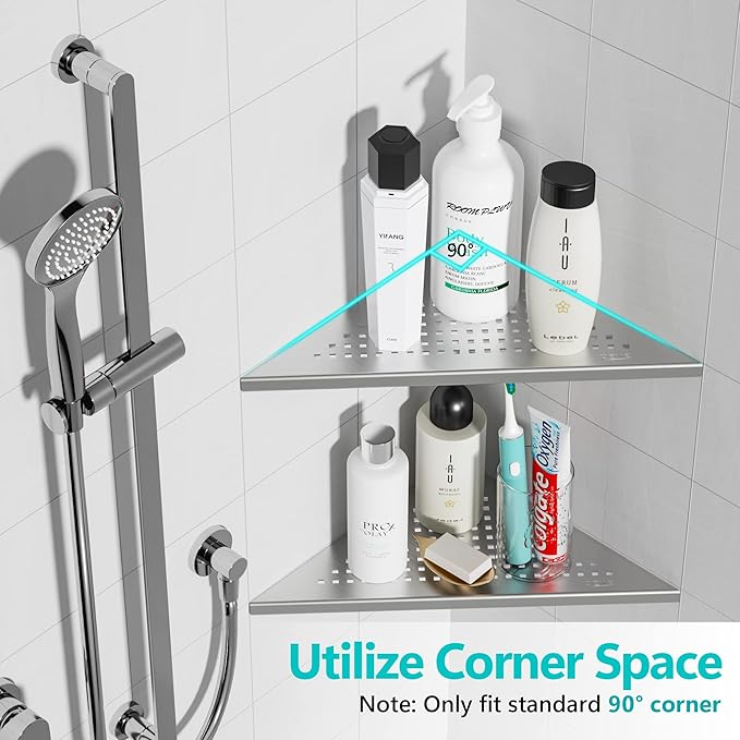 Qeke Corner Shower Shelves, 10” Recessed Tile Shower Shelf Brushed Nickel, 304 Stainless Steel Grout in Corner Tile Bathroom Shelves, No Drilling, 2 Pack