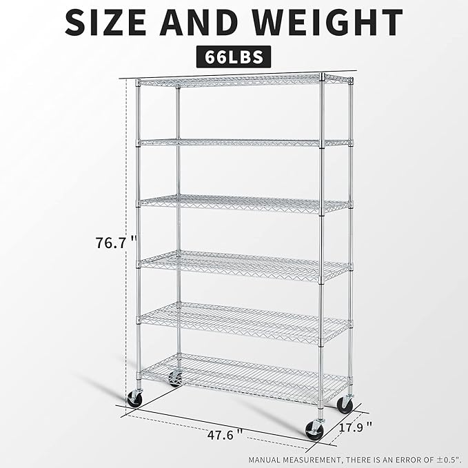 HCY 6-Tier Storage Shelf Heavy Duty Storage Shelving Unit NSF Height Adjustable Metal Storage Rack with Wheels for Laundry Bathroom Kitchen Garage Pantry Organization(Chrome) 76 * 48 * 18 inch