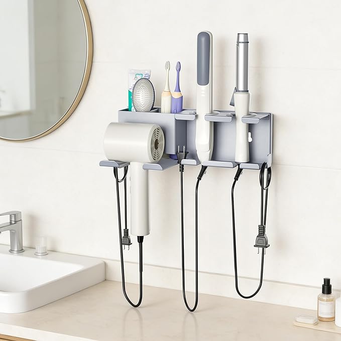 BOIVSHI Blow Dryer Holder, 2 Installation Methods (Adhesive & Screws) Hair Dryer Holder Wall Mounted, Metal Hair Tool Organizer for Curling Iron, Straightener, Bathroom Wall Organizer, Gray