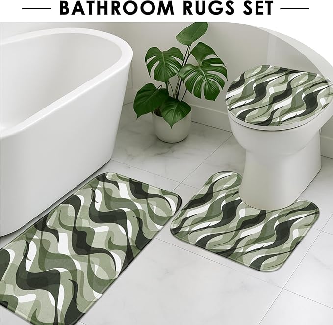 Green Shower Curtain Set with Toilet Lid Cover and Non-Slip Rugs for Bathroom, Geometric Lines Ombre 4 Pcs Shower Curtain, Simple Abstract Modern Bathroom Set with 12 Hooks