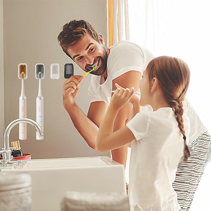 2 Pack Toothbrush Holders for Bathroom, Self Adhesive Wall Mounted Toothbrush Holder with Cover, Single Toothbrush Dispenser Storage Organizer for Family, Travel, Waterproof and Dustproof (White)