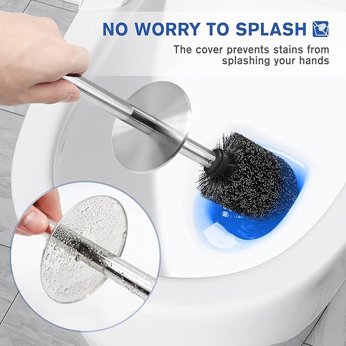 Toilet Brush and Holder, 2 Pack Toilet Brush Stainless Steel, Toilet Bowl Brush for Bathroom Toilet-Ergonomic, Elegant,Durable (Silver)