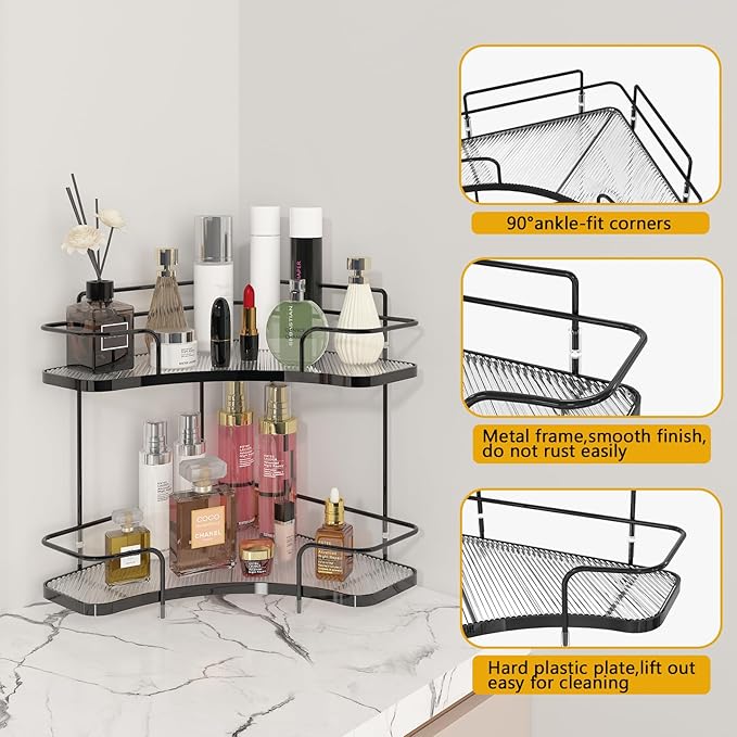 FOLLOWIN 2 Tier Bathroom Countertop Corner Organizer, Countertop Perfume Tray, Vanity Counter Shelf, Skincare Makeup Cosmetic Vanity Organizers, Elegant Black