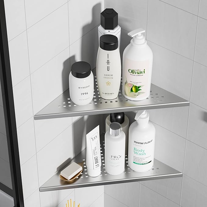 Qeke Corner Shower Shelves, 10” Recessed Tile Shower Shelf Brushed Nickel, 304 Stainless Steel Grout in Corner Tile Bathroom Shelves, No Drilling, 2 Pack