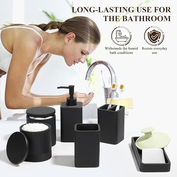 YMXYJM Bathroom Accessories Set, 6 Piece Bathroom Set with Toothbrush Holders, Soap Dispenser, Vanity Tray, Tumbler, Cotton Swab Jars, Bathroom Organizer，Bathroom Sink Sets, Matte Black