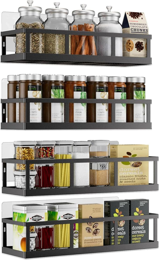 Spice Rack Wall Mounted, 4 Pack Pantry Door Organizer & Hanging Storage Baskets Organizer Wall Mount, Large Capacity Metal Spice Shelf for Kitchen Cabinet, Bathroom, Shower, Home Decor
